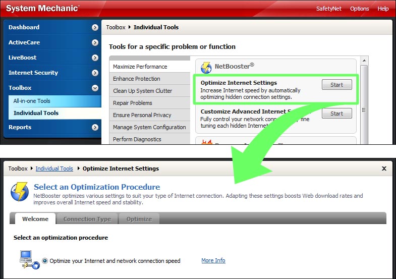 Screenshot of NetBooster automatic optimization tool within System Mechanic