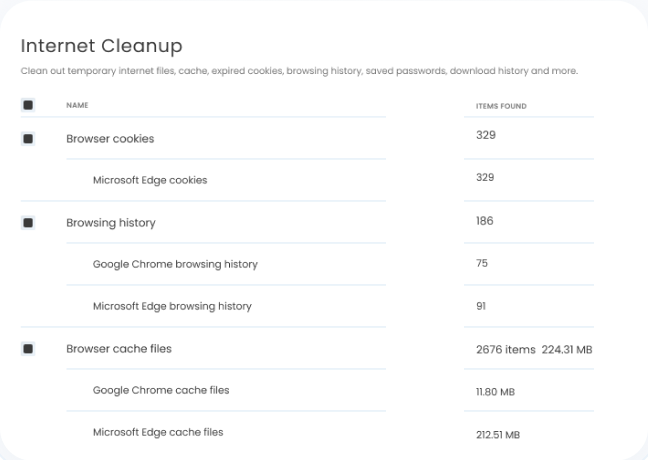 System Mechanic Internet Cleanup listing temporary files and caches