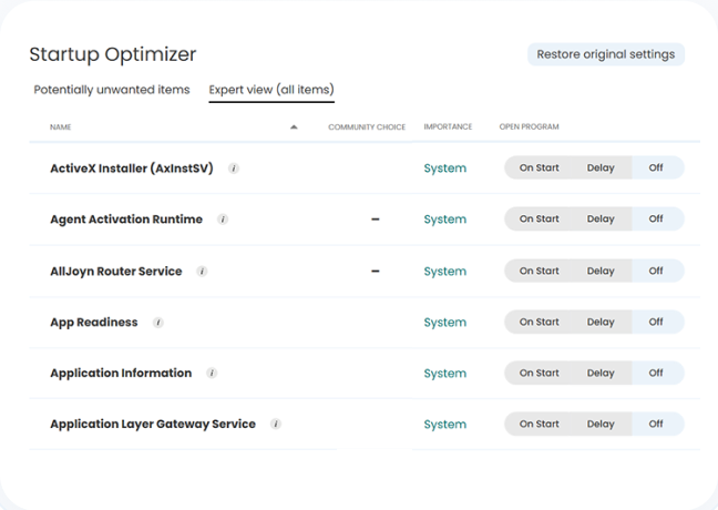 System Mechanic Startup Optimizer listing potentially unwanted items