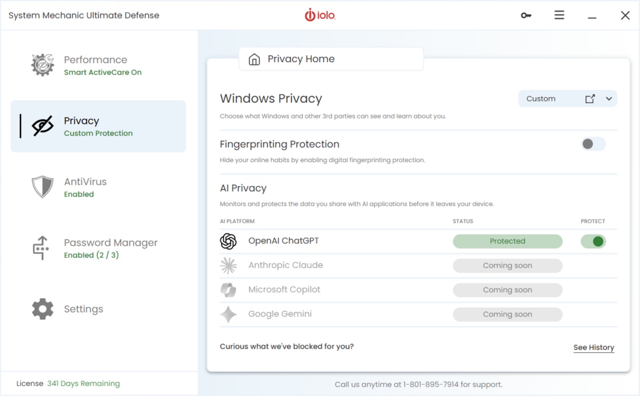 System Mechanic Ultimate Defense showing the AI Privacy panel with OpenAI ChatGPT protected