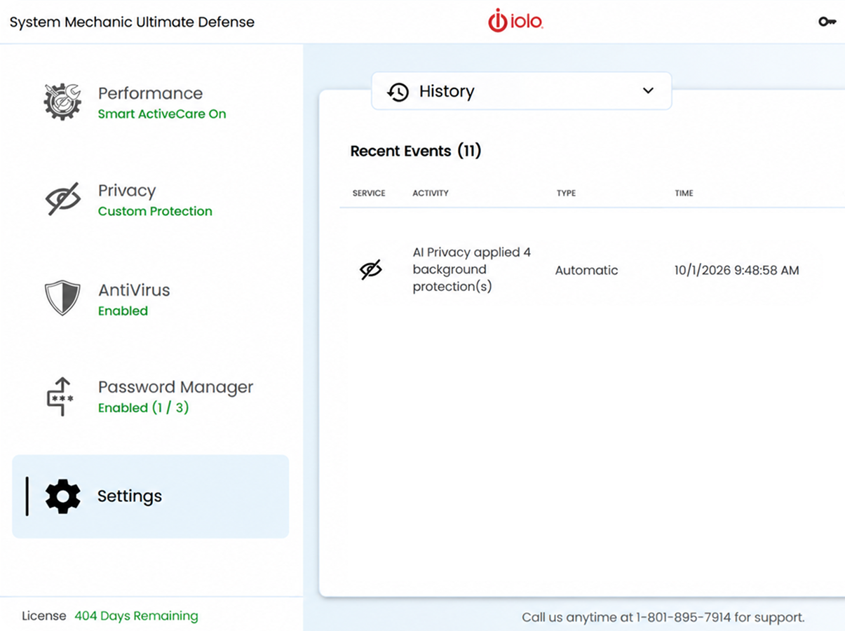 System Mechanic showing a recent AI Privacy protection event