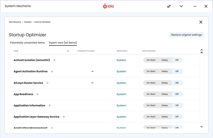 System Mechanic Startup Optimizer in expert view