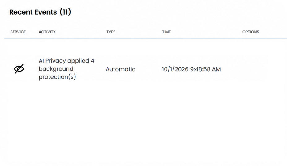 AI Privacy protection history showing a recent blocked event