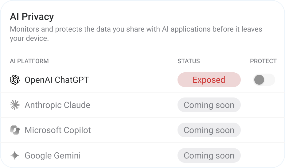 AI Privacy settings listing OpenAI ChatGPT as exposed, with Anthropic Claude, Microsoft Copilot and Google Gemini coming soon